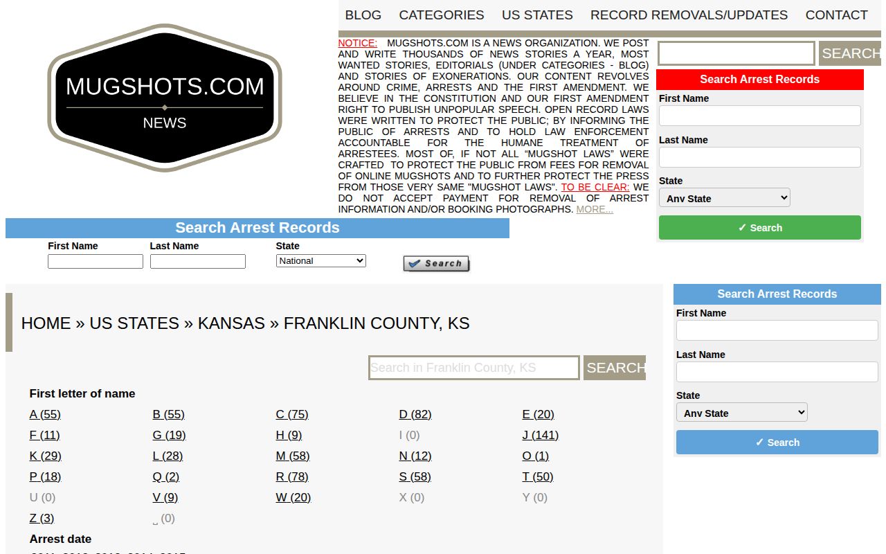 Stale unofficial Franklin County mugshot archive ending in 2015